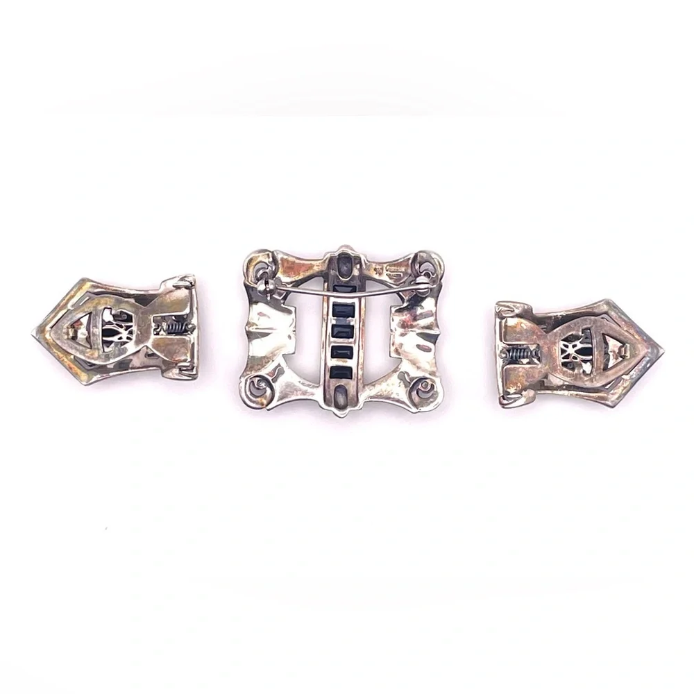 Vintage Art Deco Convertible Sterling Brooch Duette Dress Clip Set Black Crystal
